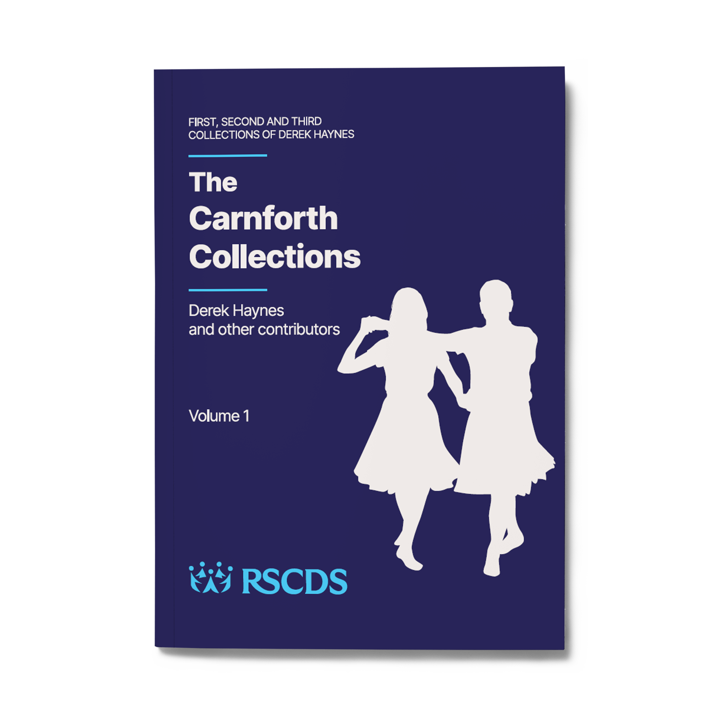 Product photo of the Carnforth Collection book cover in RSCDS navy blue with white title and white silhouette of Scottish Country Dancers