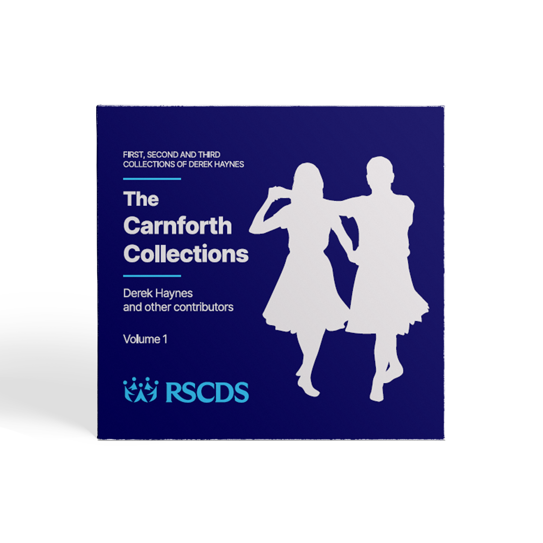 Product photo of the Carnforth Collection CD cover in RSCDS navy blue with white title and white silhouette of Scottish Country Dancers